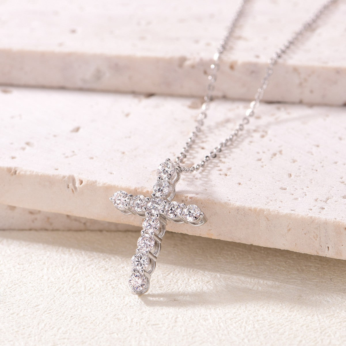 S925 Sterling Silver Moissanite Cross Pendant Necklace | White Gold
