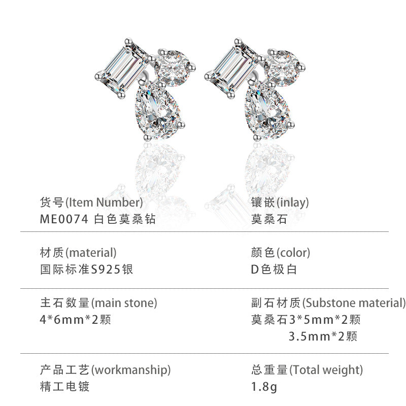 S925银莫桑石耳钉三石异形拼镶款轻奢高级感日常厂家直供