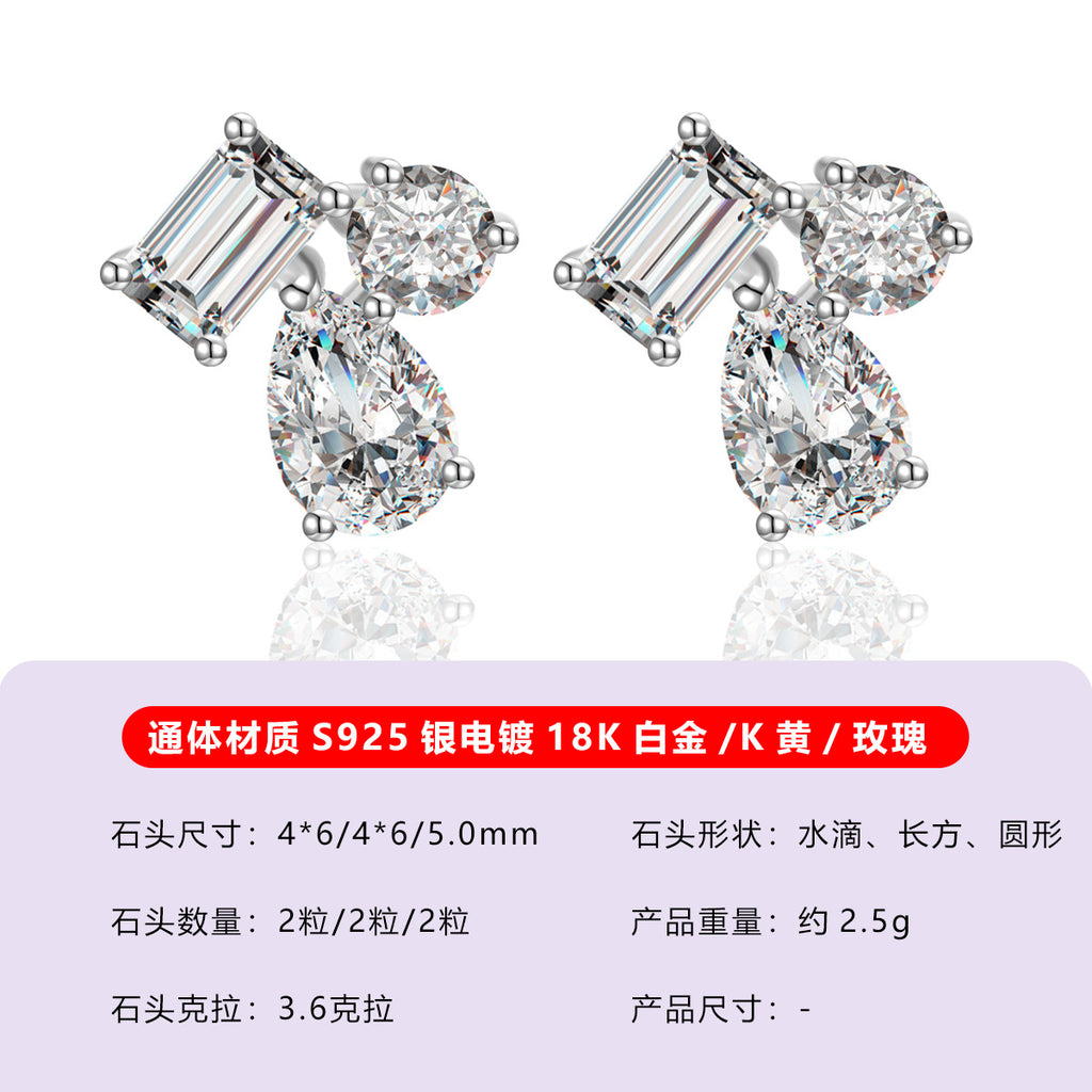 S925银莫桑石耳钉三石异形拼镶款轻奢高级感日常厂家直供