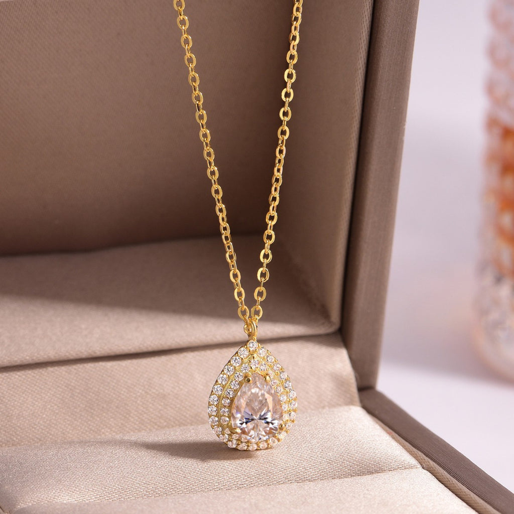 S925 Sterling Silver Triple Teardrop Moissanite Collarbone Necklace | Gold & White Gold