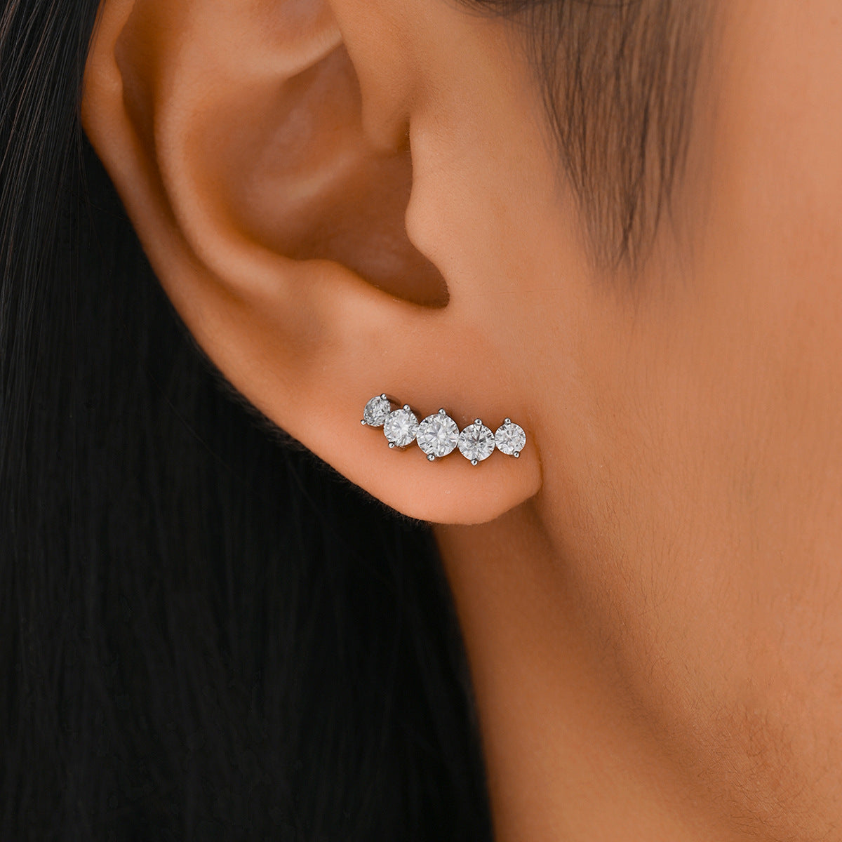 S925 Sterling Silver Five Stone Row Moissanite Stud Earrings | White Gold