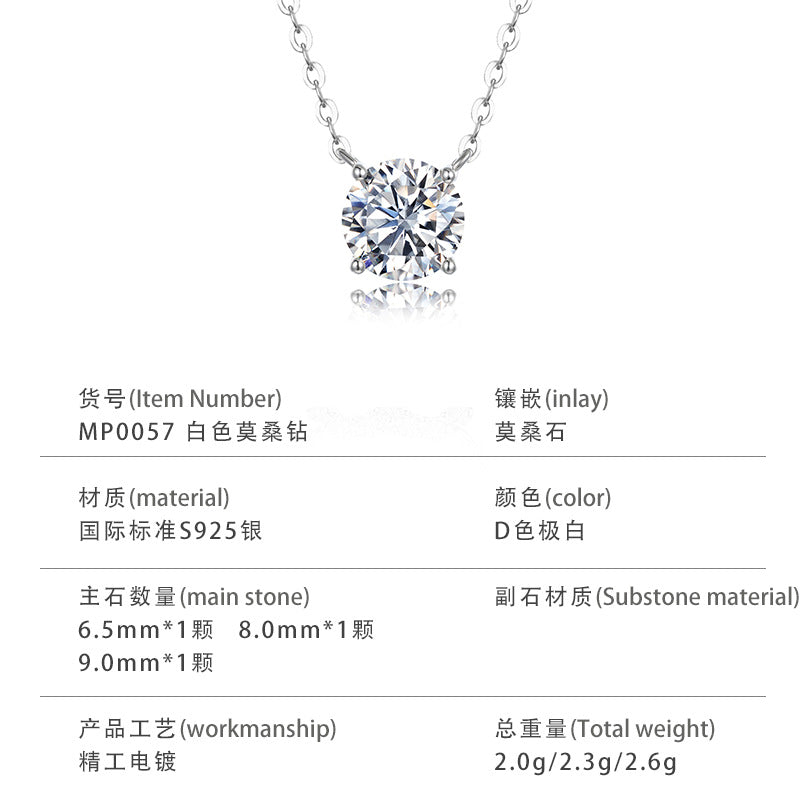S925 Sterling Silver Moissanite Solitaire Pendant Necklace | 1CT–3CT